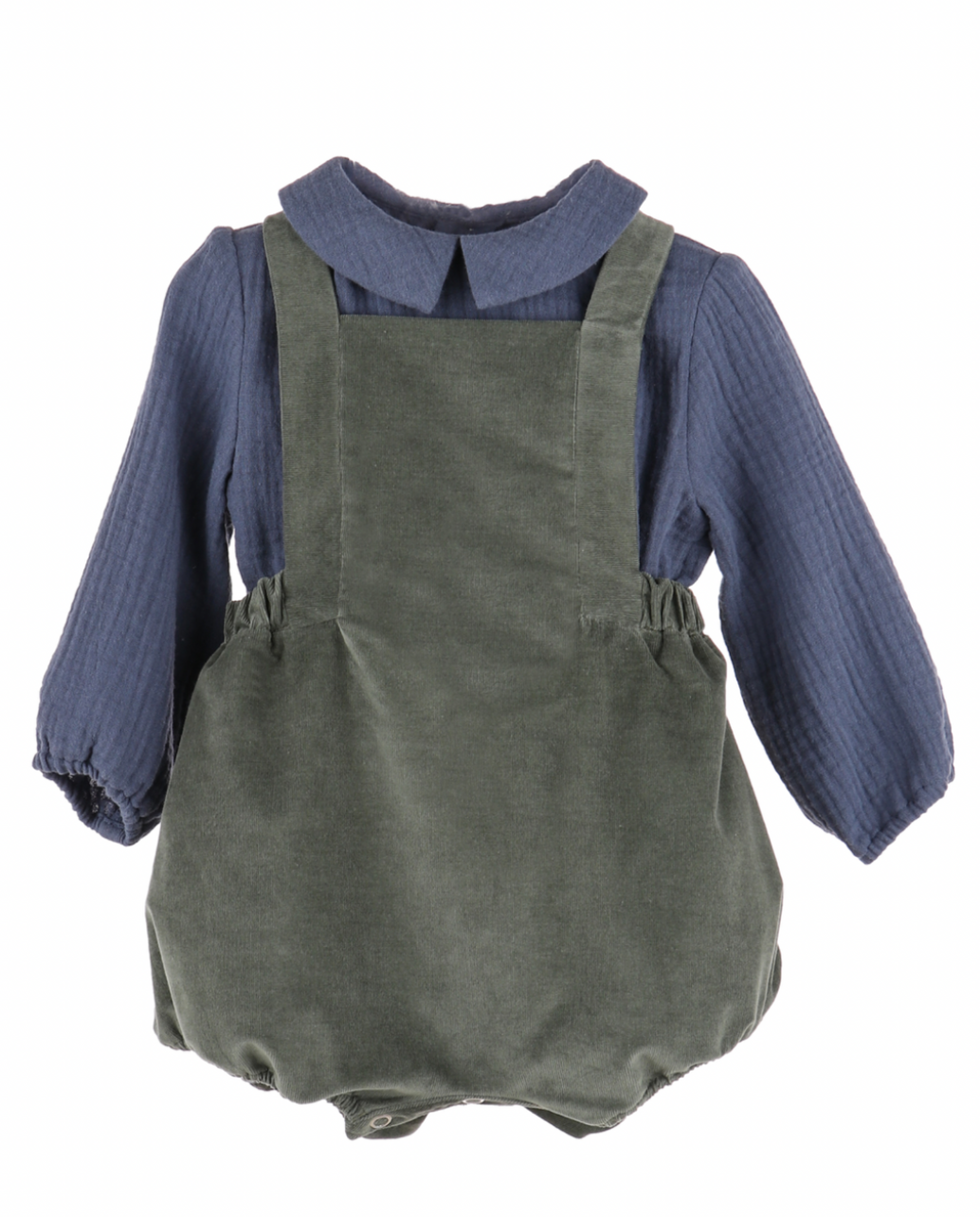 Green Corduroy Overalls w/ Slate Blue Collared Shirt