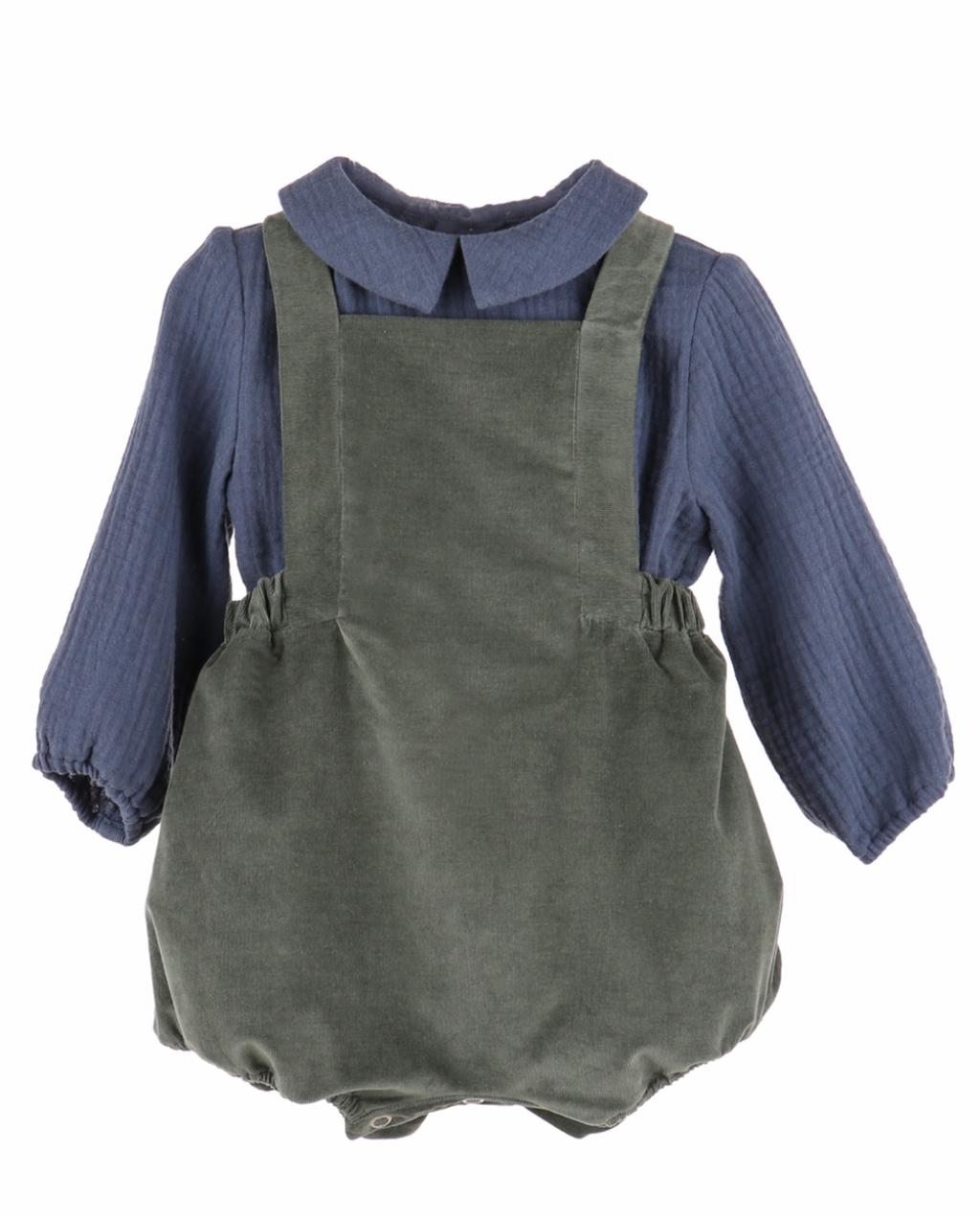 Green Corduroy Overalls w/ Slate Blue Collared Shirt