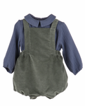 Green Corduroy Overalls w/ Slate Blue Collared Shirt