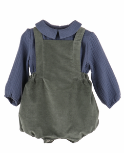 Green Corduroy Overalls w/ Slate Blue Collared Shirt