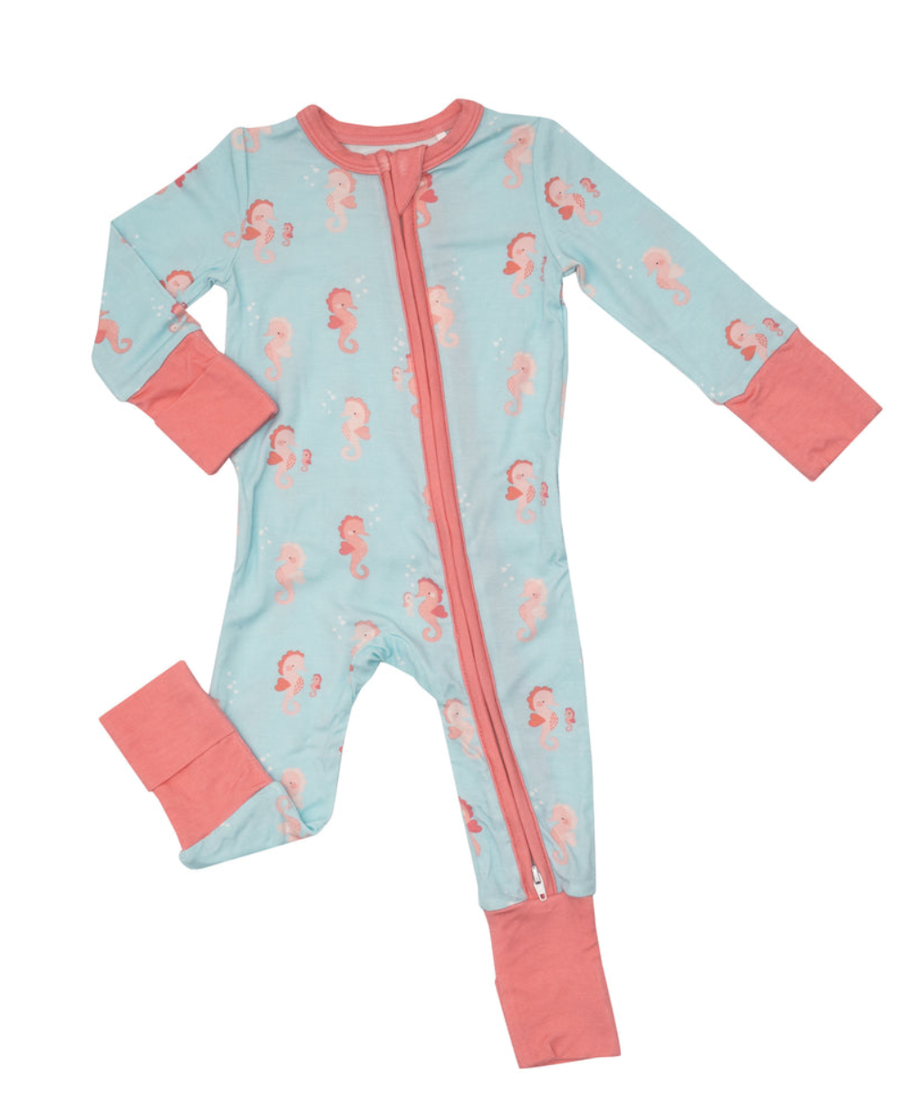 Baby Pink Seahorses 2-Way Ruffle Back Zipper Romper