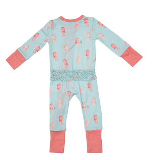 Baby Pink Seahorses 2-Way Ruffle Back Zipper Romper